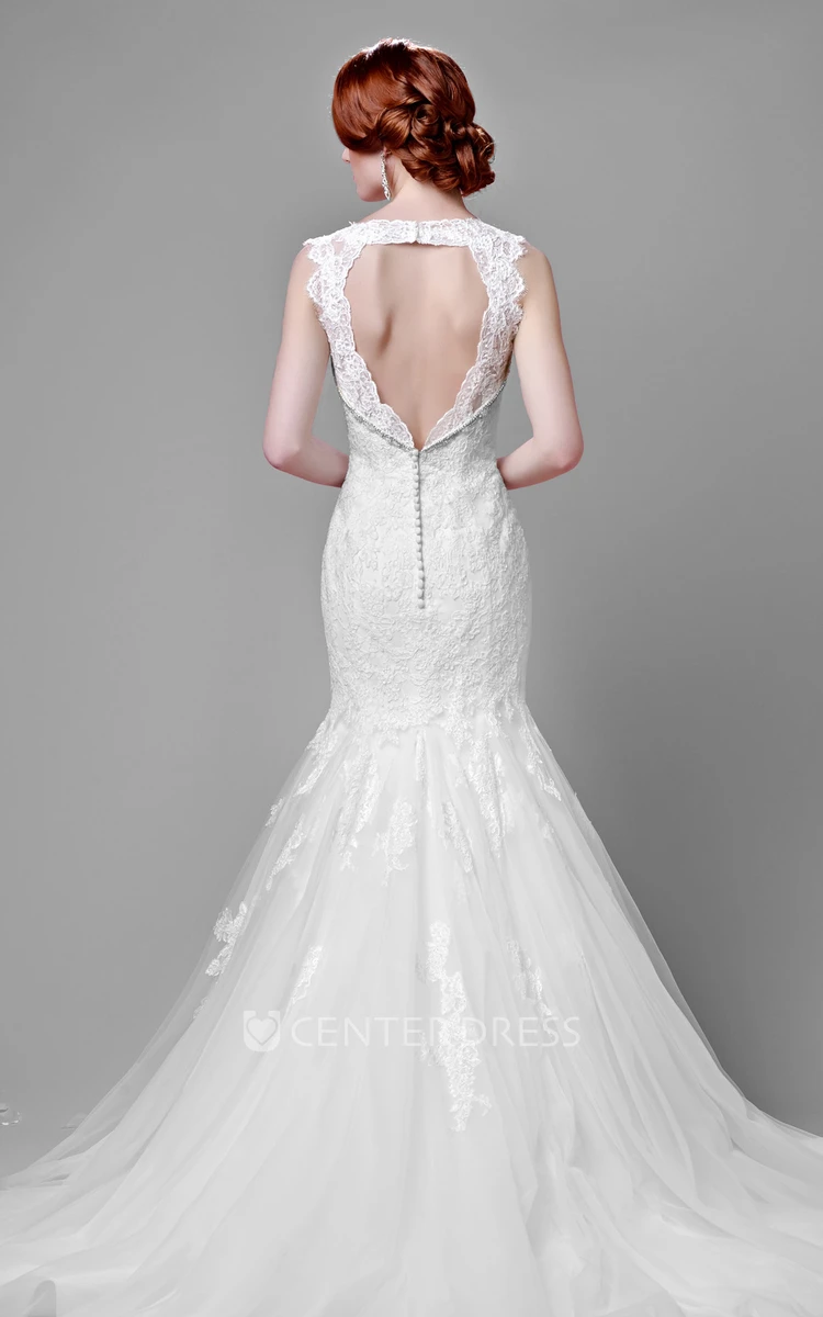 Lace Mermaid Sleeveless Wedding Dress With Beadwork And Tulle Skirt