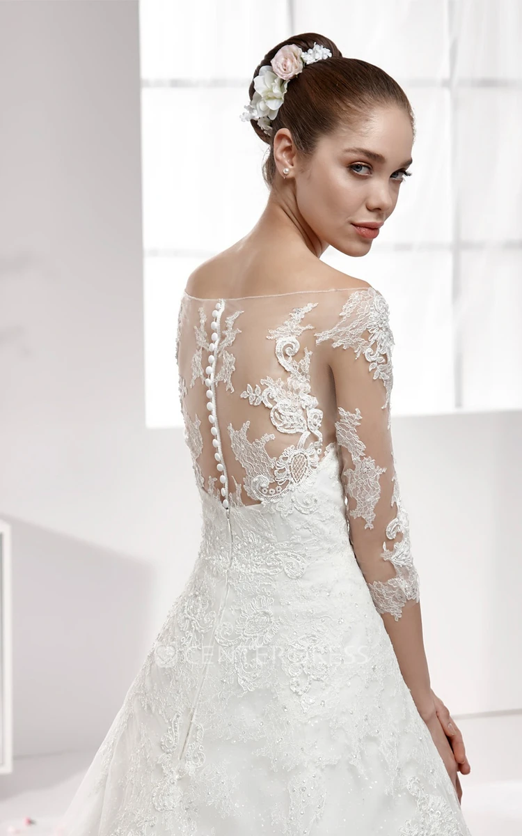 Off-shoulder A-line Lace Wedding Dress with Half Sleeves and Illusive Design