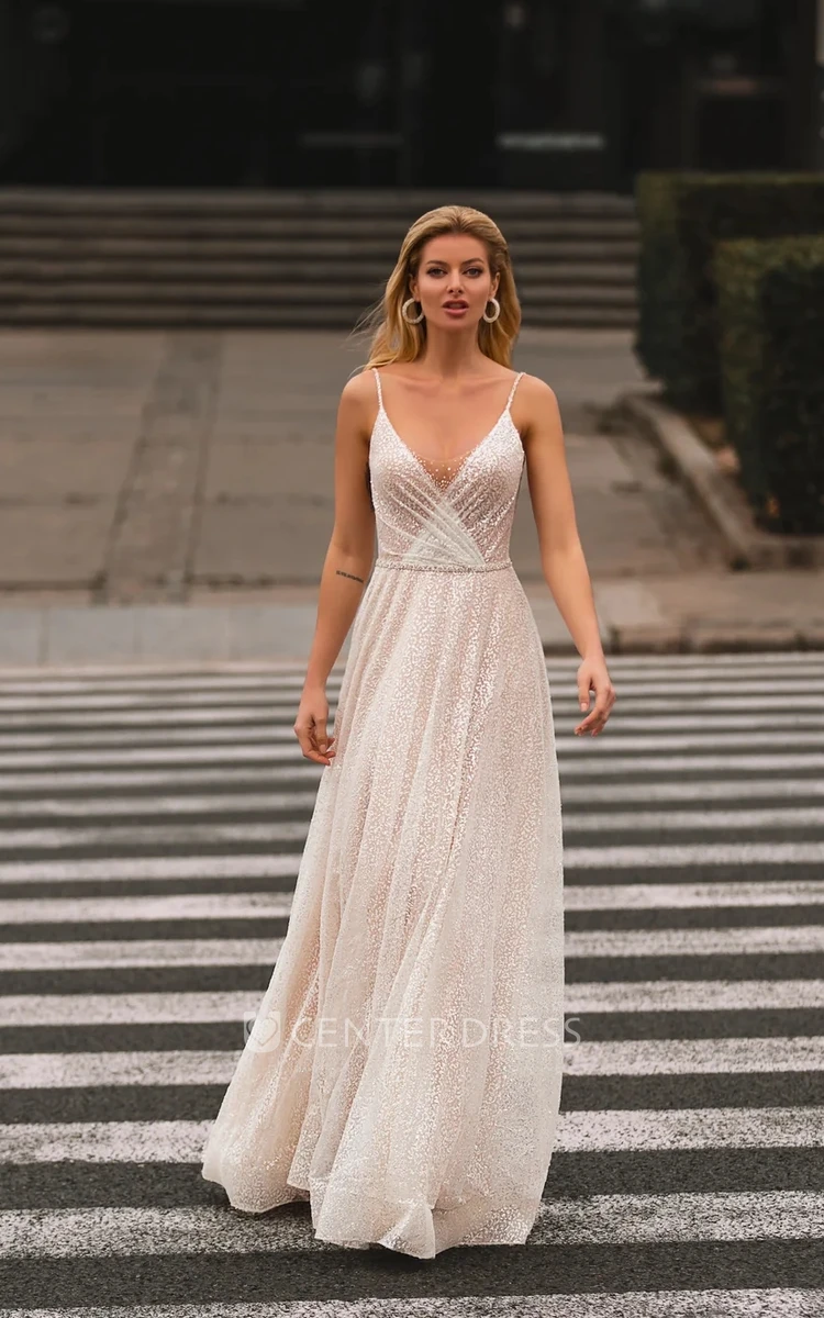A-Line V-Neck And V-Back Elegant Spagetti Modern Sequin Tulle Long Dress