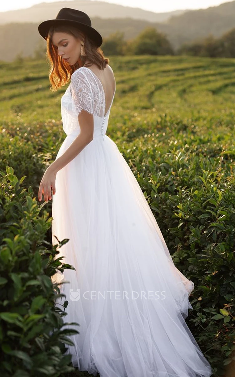 A Line Short Sleeve Lace Tulle Elegant Open Back Button Wedding Dress