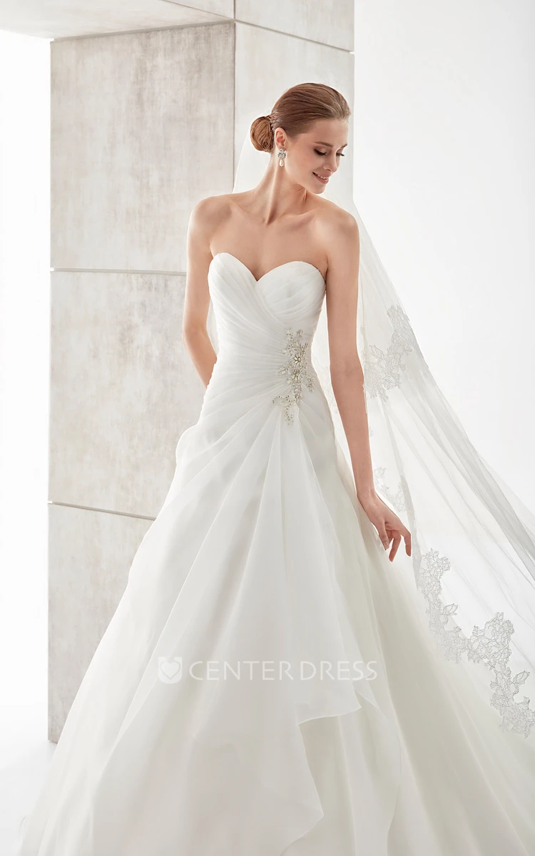 Sweetheart Side-Draping A-Line Wedding Dress With Side Beadings And Pleated Bodice