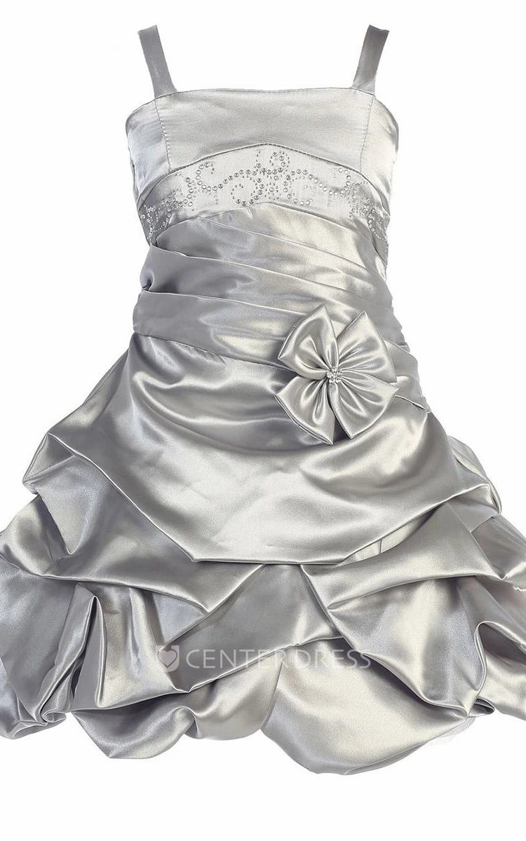Floral Knee-Length Pleated Beaded Satin Flower Girl Dress With Tiers