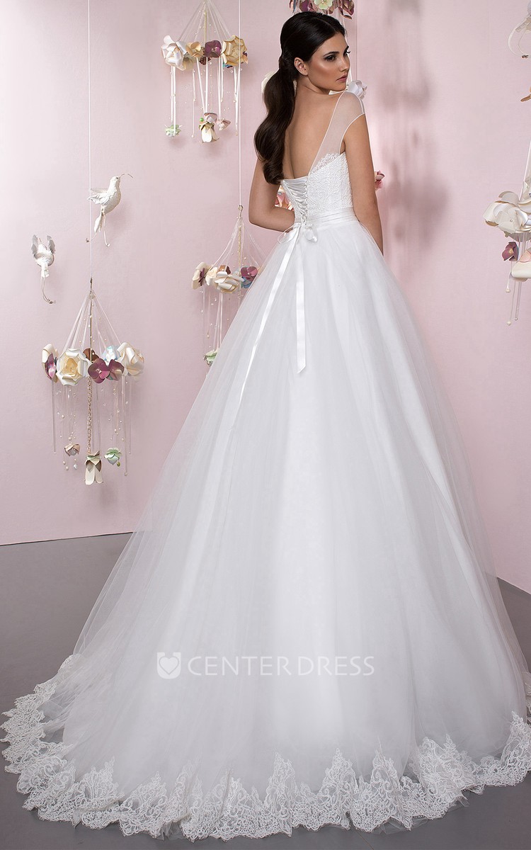 Ball Gown Cap Sleeve Appliqued Bateau Neck Tulle Wedding