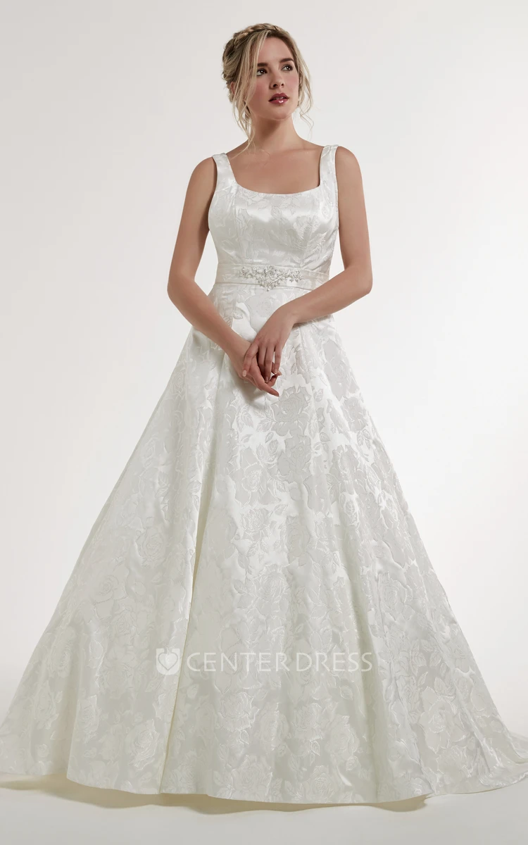 A-Line Long Sleeveless Beaded Square Satin Wedding Dress With Illusion Back And Court Train