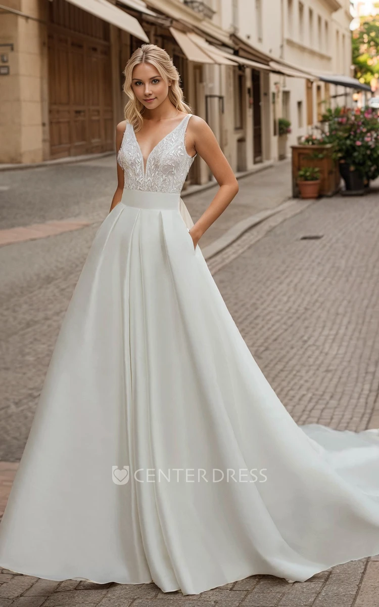 Unique Sexy A-Line Bohemian Lace Satin Wedding Dress Chic Romantic Plunging Neckline Sleeveless Backless Beaded Bridal Gown with Pockets