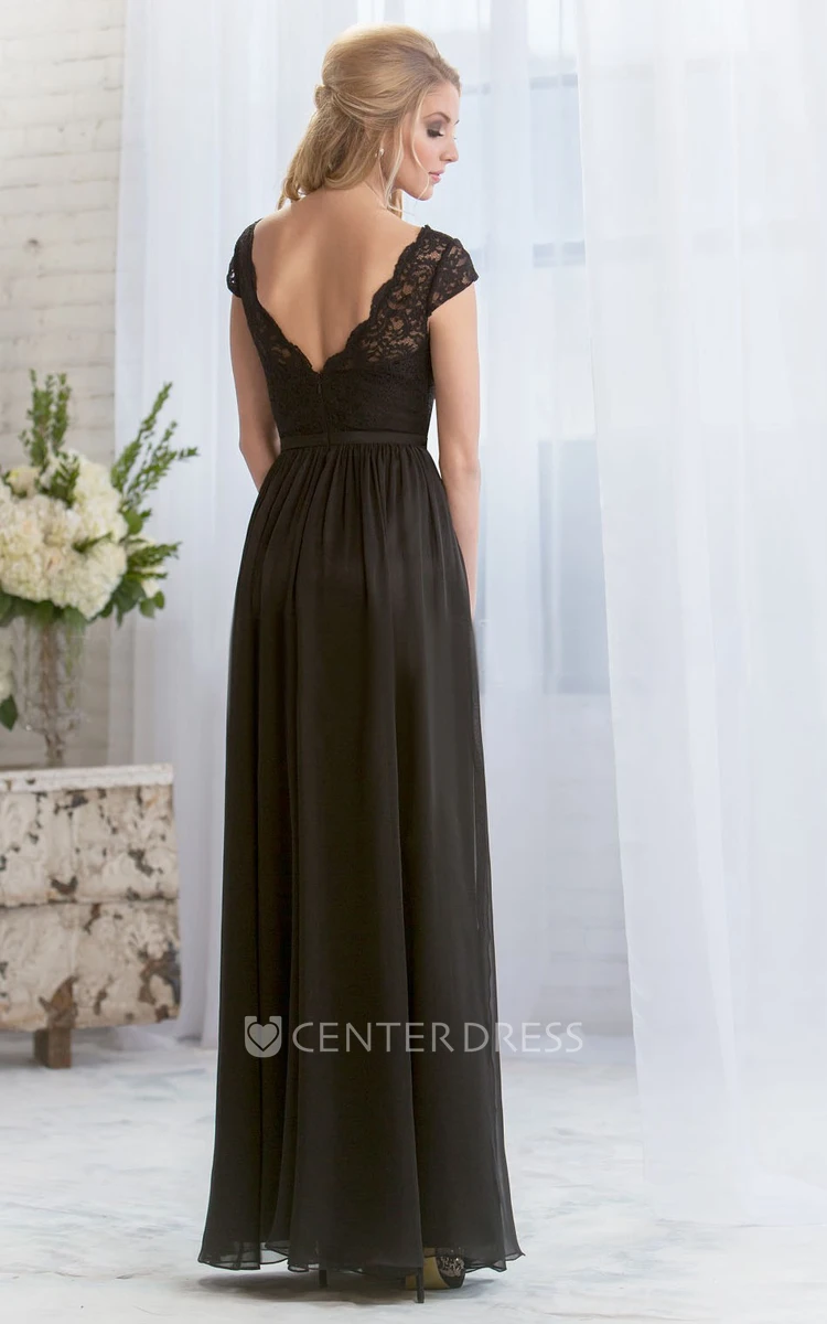 Cap-Sleeved V-Neck A-Line Bridesmaid Dress With Lace Bodice And V-Back