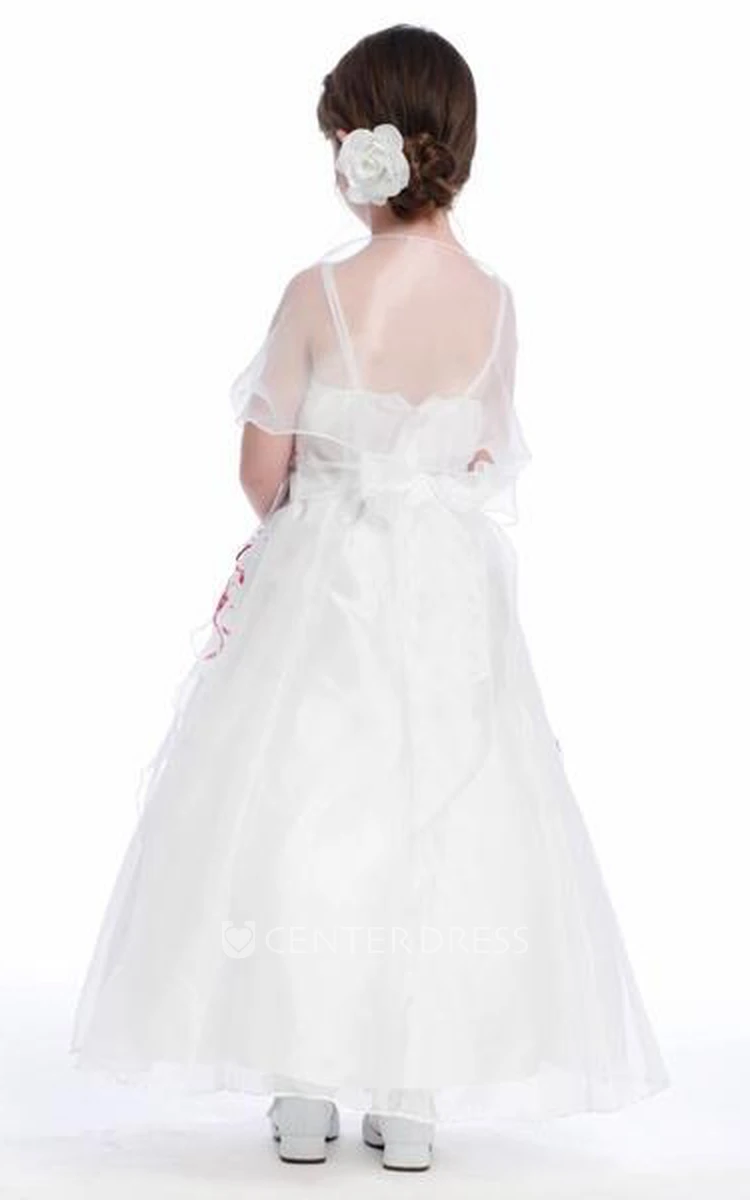 Ankle-Length Spaghetti Floral Cape Organza Flower Girl Dress With Straps