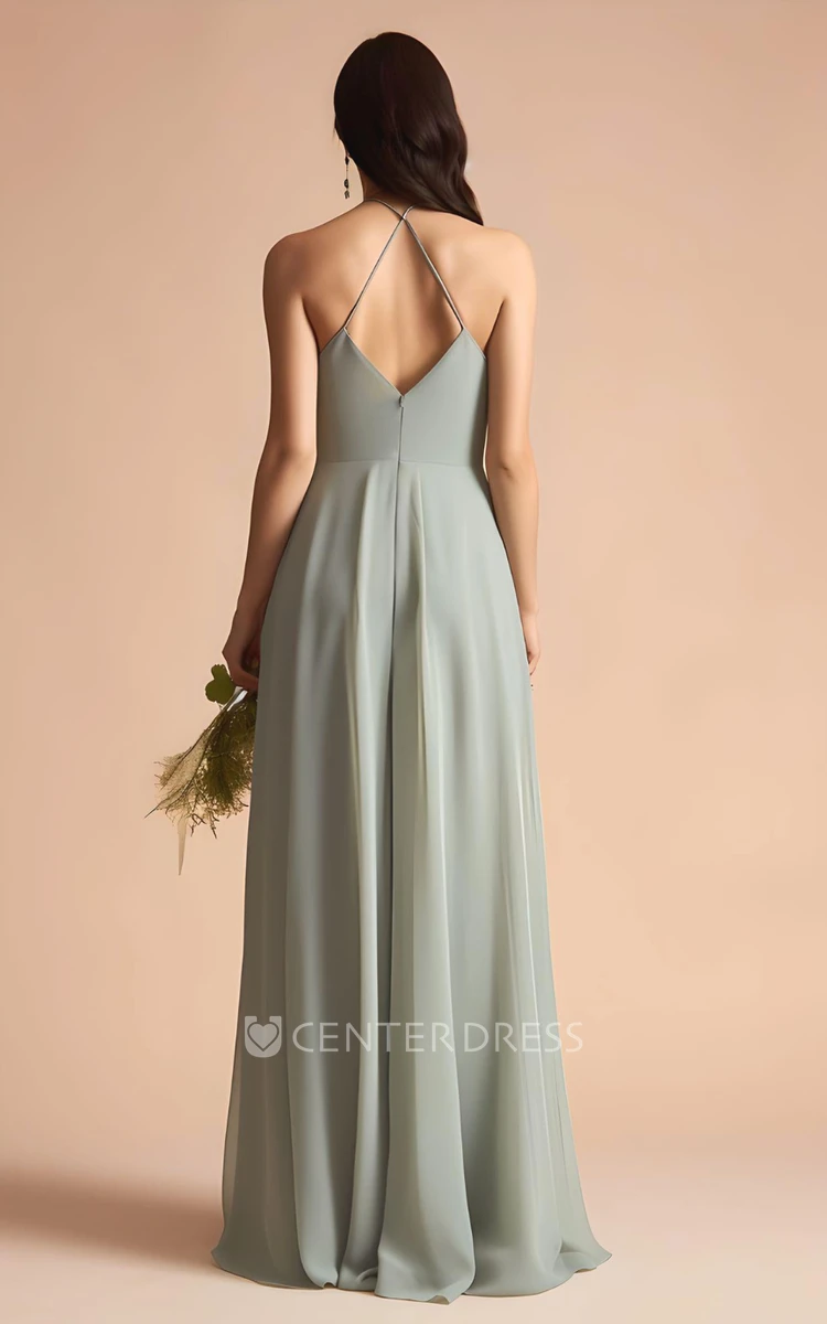 Sleeveless Chiffon Bridesmaid Dress 2024 A-Line Halter with Split Front Spaghetti Simple Sexy Bohemian Elegant Floor-length