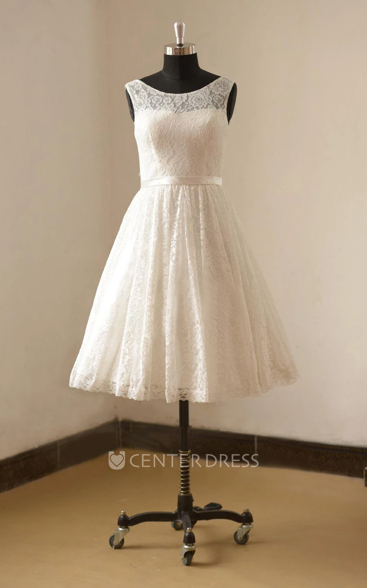 Bateau Neck Sleeveless Tea-Length Lace Wedding Dress With Satin Sash