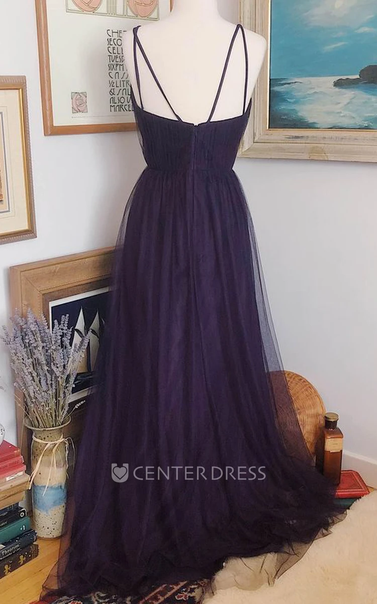 Sample A-Line Tulle Evening Dress With Spaghetti Neckline And Open Back