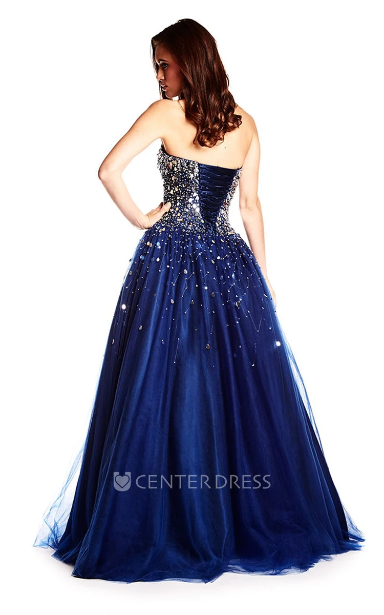 A-Line Crystal Sleeveless Floor-Length Strapless Tulle Prom Dress With Corset Back And Pleats