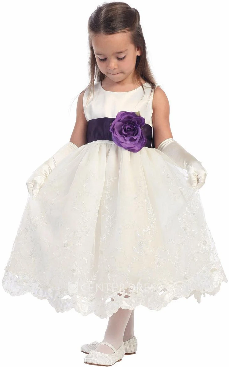 Tea-Length Floral Tiered Organza&Satin Flower Girl Dress With Embroidery