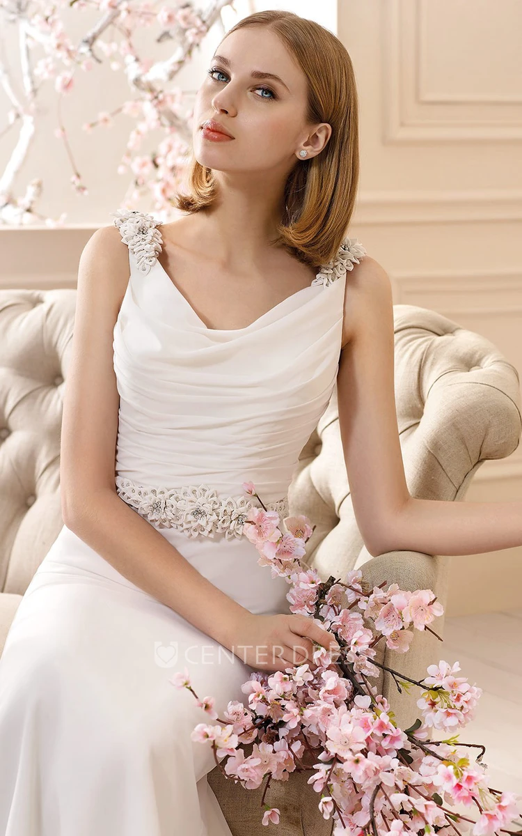 Sheath Long Floral Cowl-Neck Sleeveless Chiffon Wedding Dress With Beading