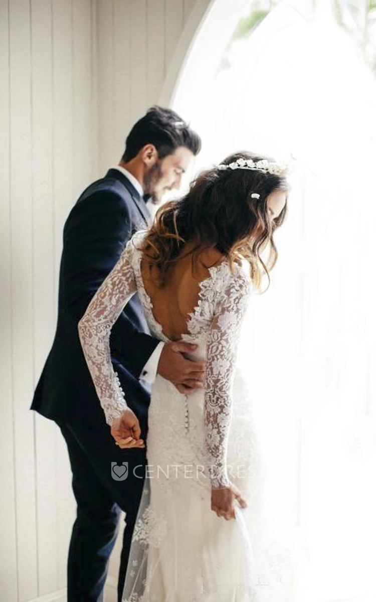A Line V-neck Low-V Back Long Sleeve Lace Wedding Dress