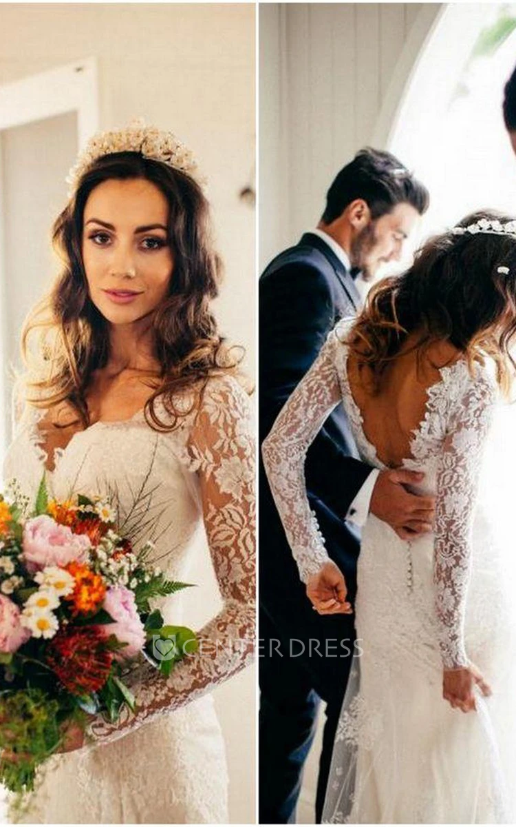 A Line V-neck Low-V Back Long Sleeve Lace Wedding Dress