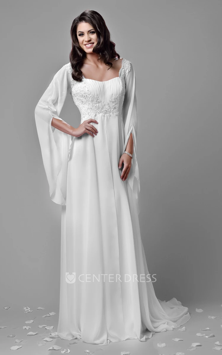 Bohemia Chiffon A-Line Empire Wedding Dress With Beaded Lace Appliques And Poet Sleeve