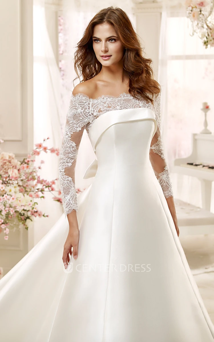 Off-Shoulder A-Line Satin Wedding Dress With Lace Long Sleeves And Brush Train