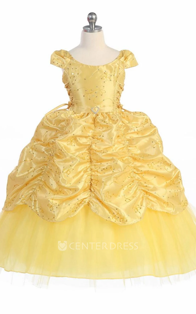 Ankle-Length Tiered Embroideried Lace&Taffeta Flower Girl Dress With Broach