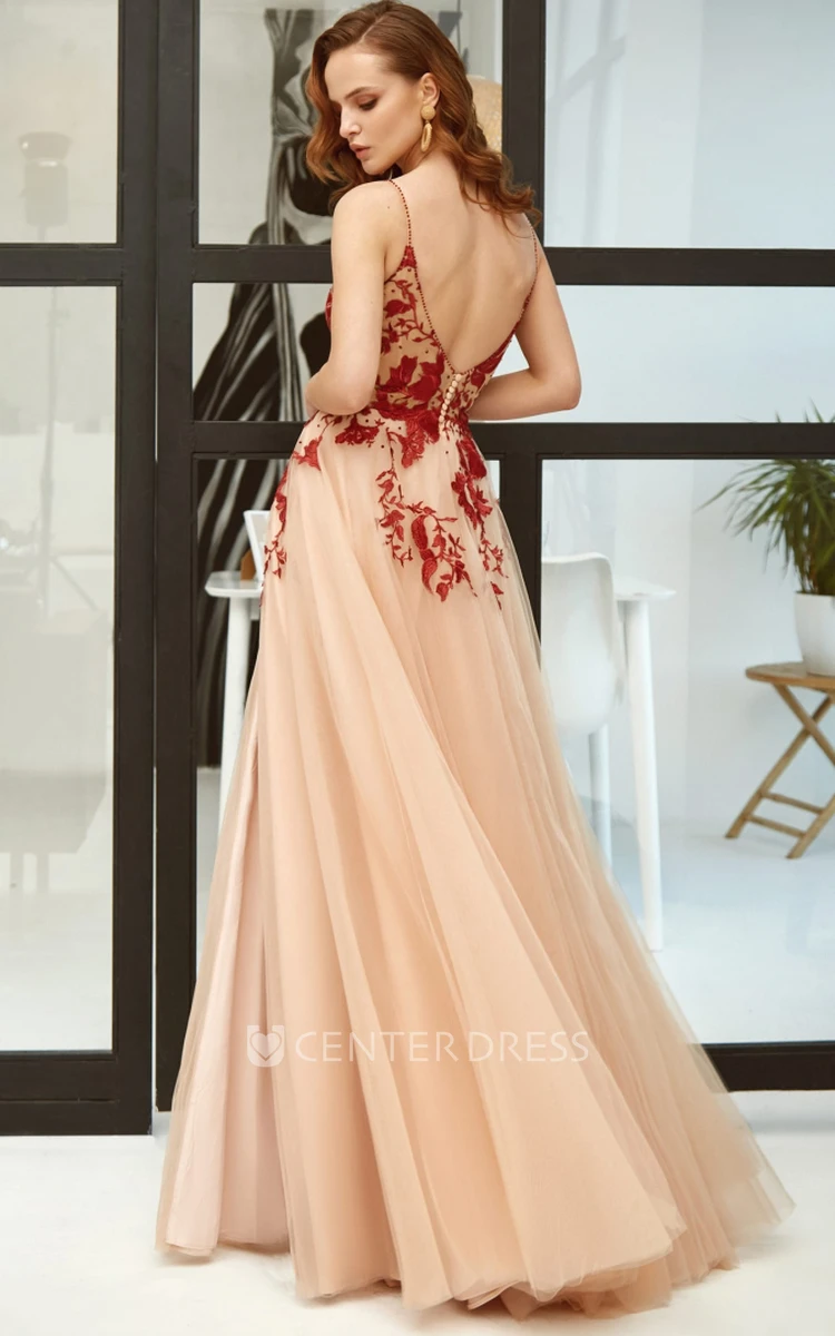 Modern A Line V-neck Tulle Floor-length Open Back Prom Dress with Appliques