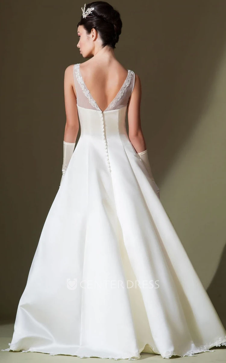 A-Line Appliqued Sleeveless Long Bateau Satin Wedding Dress With Low-V Back