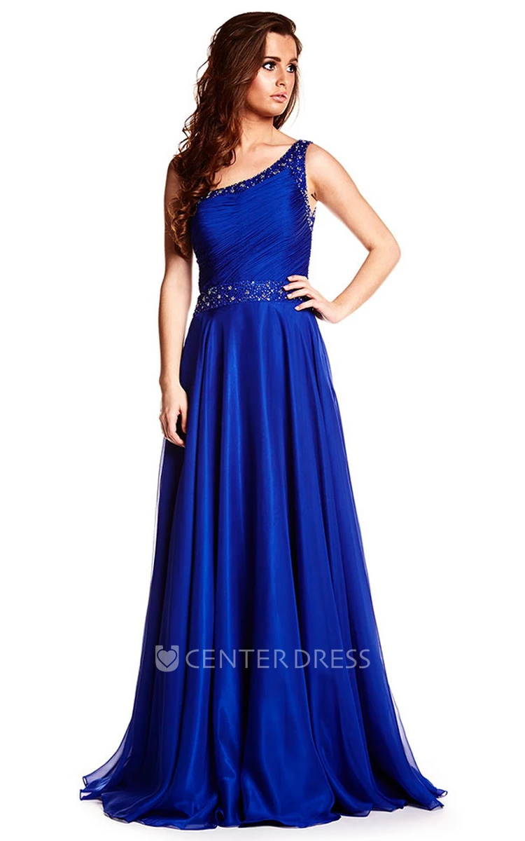 A-Line Sleeveless One-Shoulder Floor-Length Ruched Prom Dress With Straps And Beading