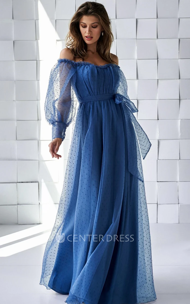 Ethereal A Line Tulle Off-the-shoulder Floor-length Prom Dress with Ruching and Sash