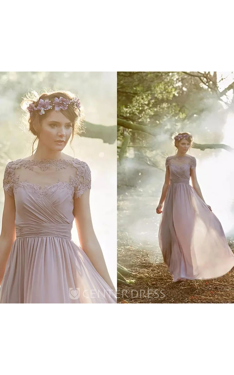 Short Sleeve A-line Jewel Floor-length Chiffon Bridesmaid Dress with Appliques and Ruching