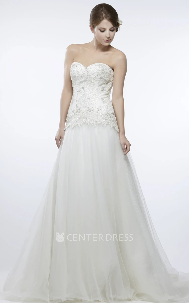 A-Line Sweetheart Beaded Sleeveless Tulle Wedding Dress With Brush Train