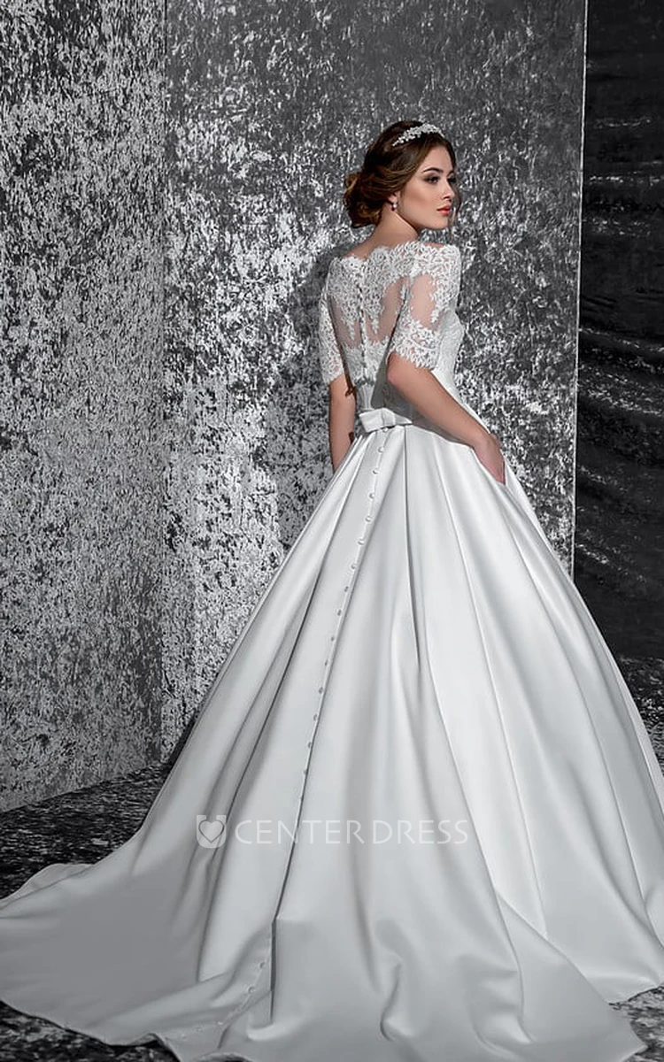 A-Line Floor-Length Off-The-Shoulder Half-Sleeve Illusion Satin Dress With Lace