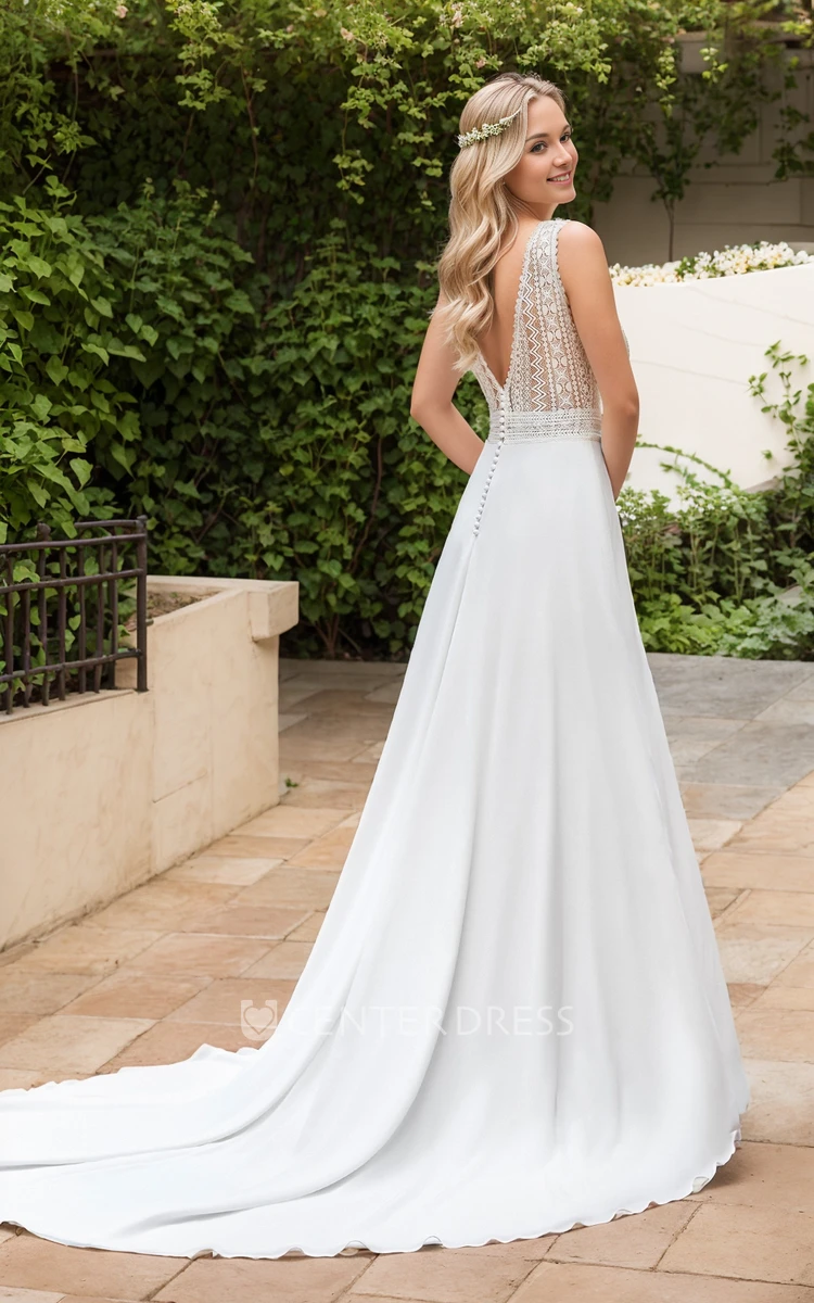 Summer Sexy A-Line Plunging Neck Boho Lace Wedding Dress Beach Garden Sleeveless Side Slit Wide Strap Bridal Gown