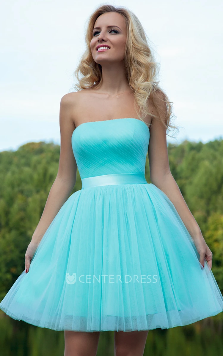 A Line Ruched Sleeveless Strapless Short Mini Tulle Prom Dress With Ribbon