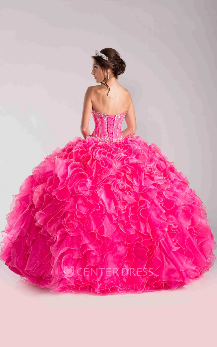 Sequined Corset Ball Gown With Sweetheart Neck And Ruffles