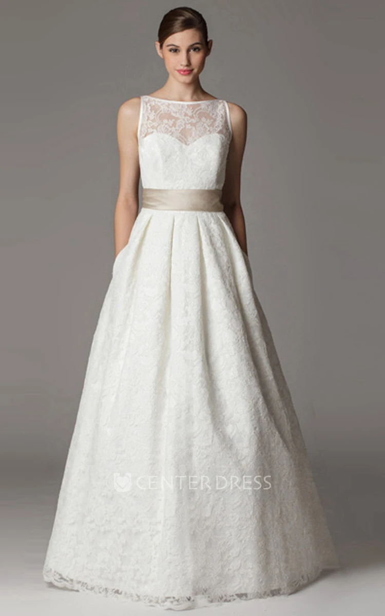A-Line Floor-Length Appliqued Bateau-Neck Sleeveless Lace Wedding Dress With Bow