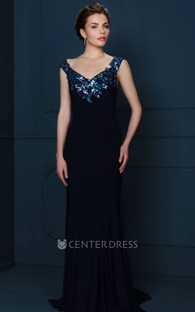 Floor-Length Crystal Sleeveless V-Neck Chiffon Evening Dress