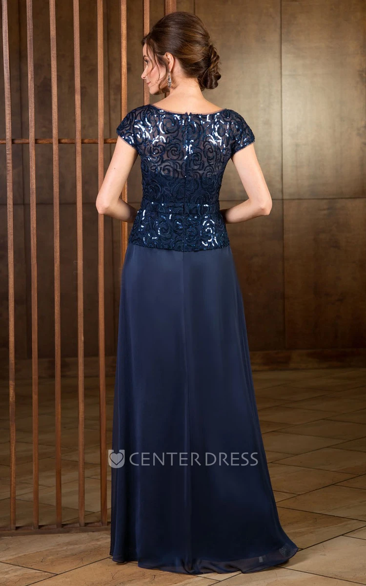 Cap-Sleeved A-Line Long Mother Of The Bride Dress With Sequined Bodice