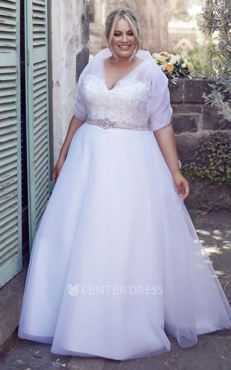 A-Line Jeweled V-Neck Tulle Plus Size Wedding Dress