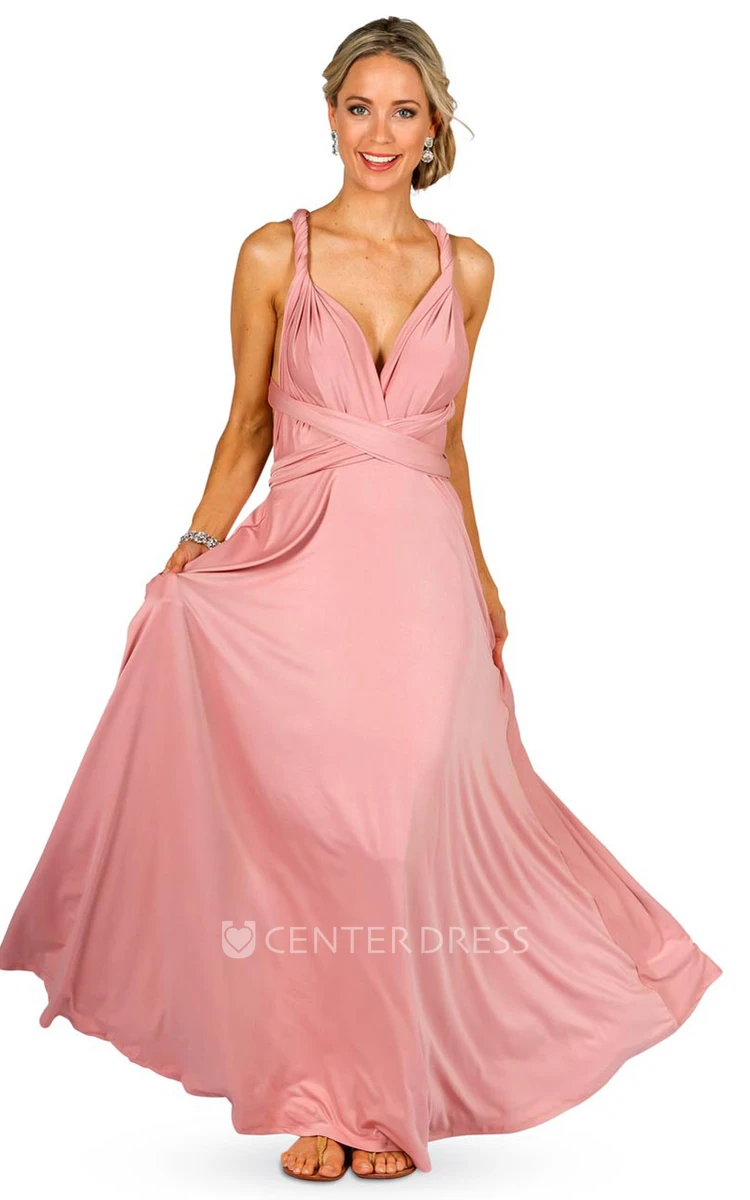 Maxi Sleeveless Strapped Satin Chiffon Convertible Bridesmaid Dress With Ruching
