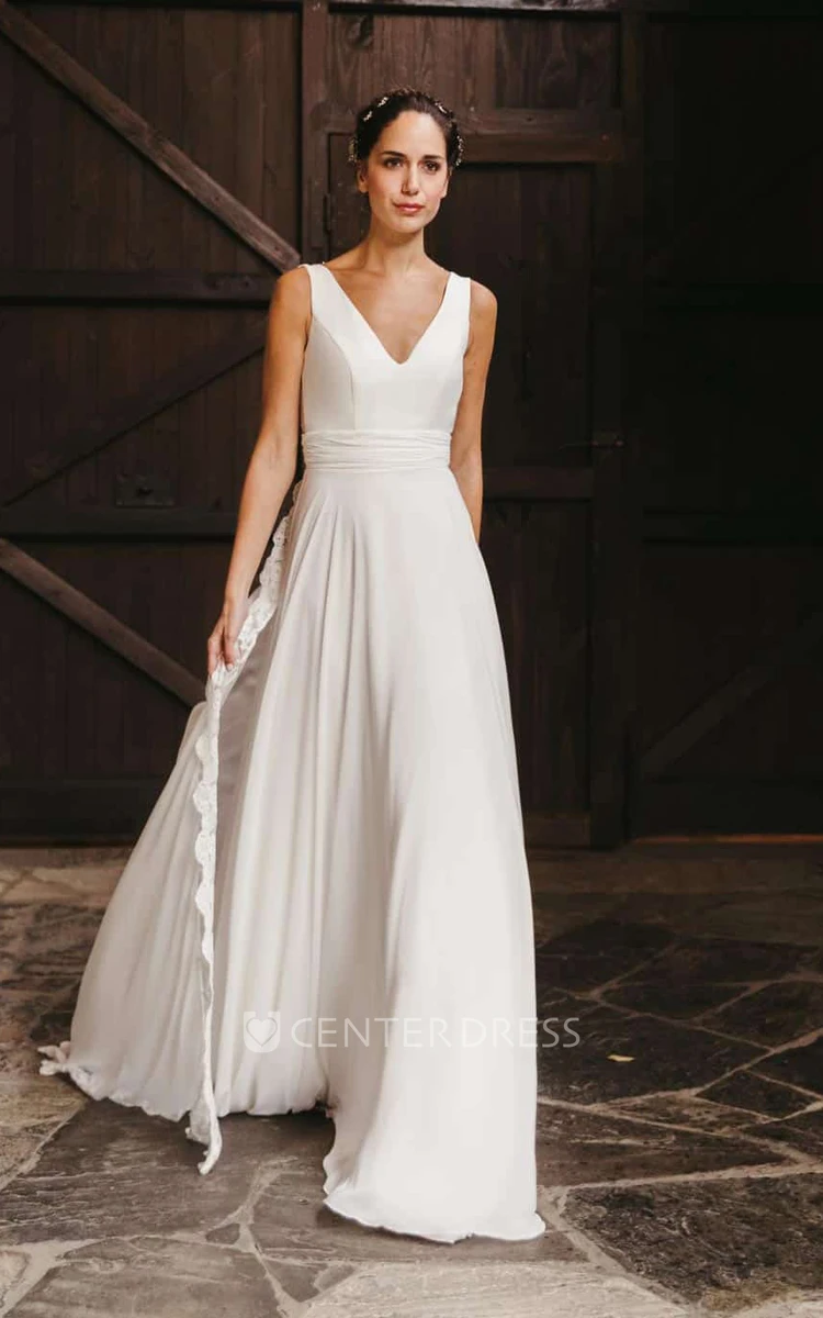 Romantic Chiffon A-Line Wedding Dress with V-Neck and Chapel Train