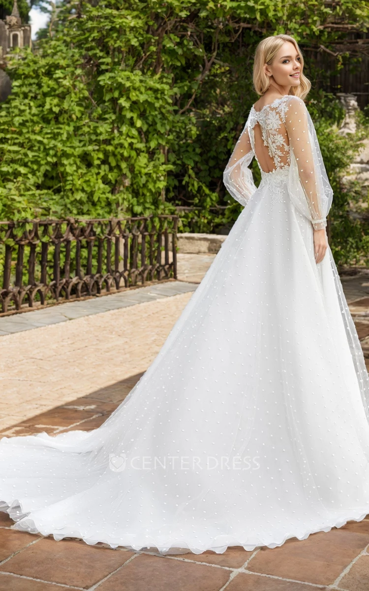 Country Garden A-Line Bohemian Lace Tulle Wedding Dress Vintage Floral Appliqued Long Puff Sleeve Diamond-Shaped Back Bridal Gown with Train
