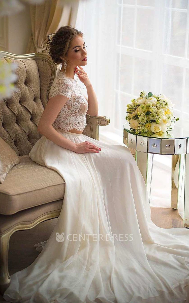 Bateau Short Sleeve Two-Piece Chiffon Wedding Dress With Lace Top