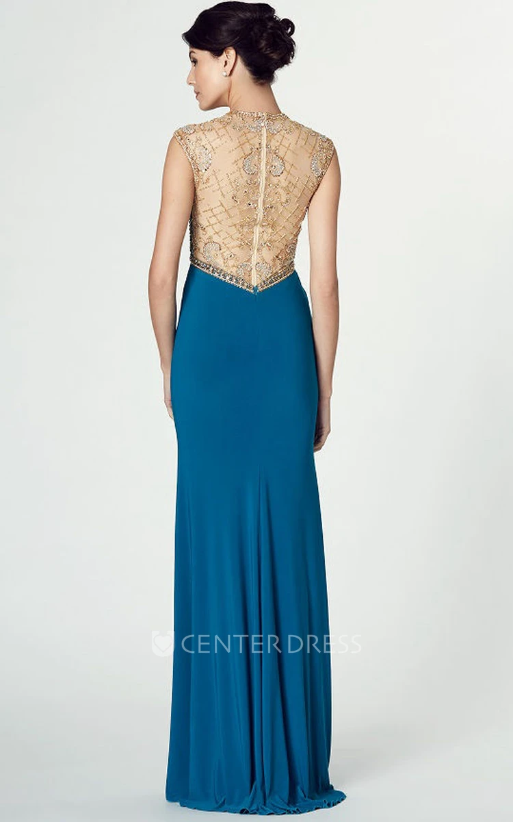 Sheath Beaded High Neck Long Cap-Sleeve Jersey Prom Dress With Illusion Back And Split Front