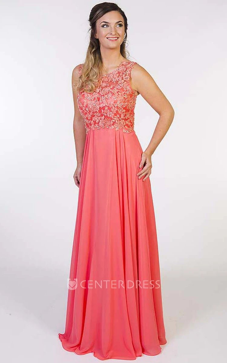 Floor-Length Sleeveless Beaded Scoop Chiffon Prom Dress With Pleats And Appliques