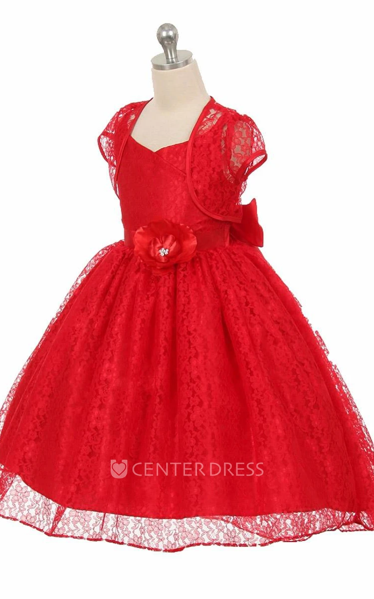 High-Low Floral Criss-Cross Lace Flower Girl Dress With Sash