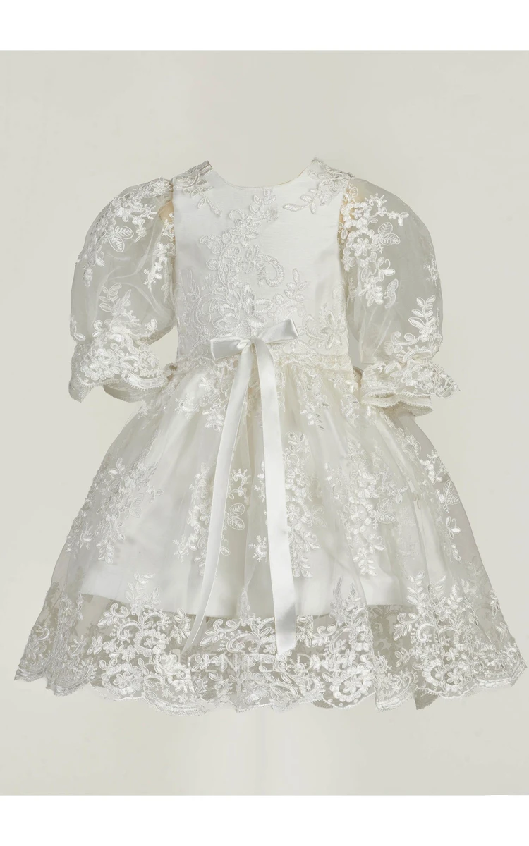 Graceful Christening Gown With Lace Appliques And Sash