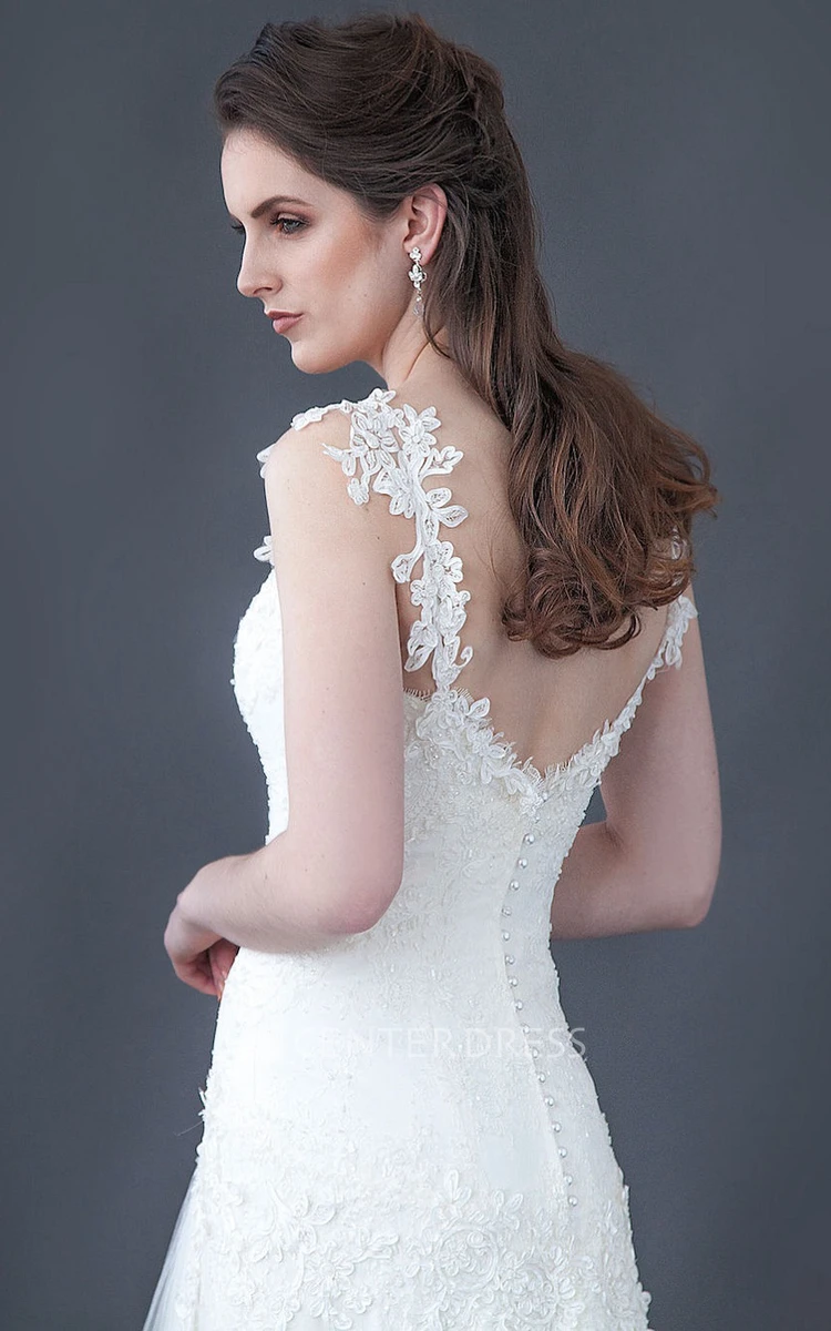 A-Line Appliqued Sleeveless Floor-Length Spaghetti Lace&Tulle Wedding Dress With Low-V Back And Brush Train