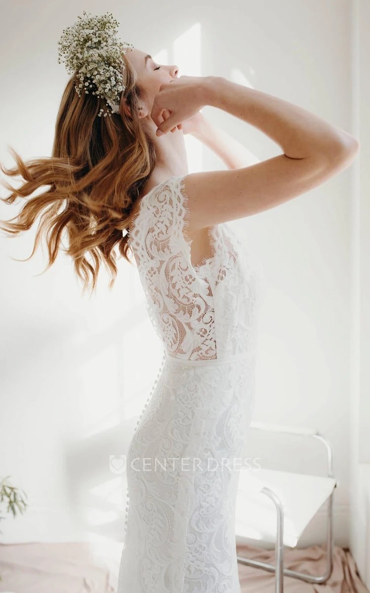 Cap Sleeve Lace Sheath Deep V-neck Bridal Gown With Deep V-neck And Court Train
