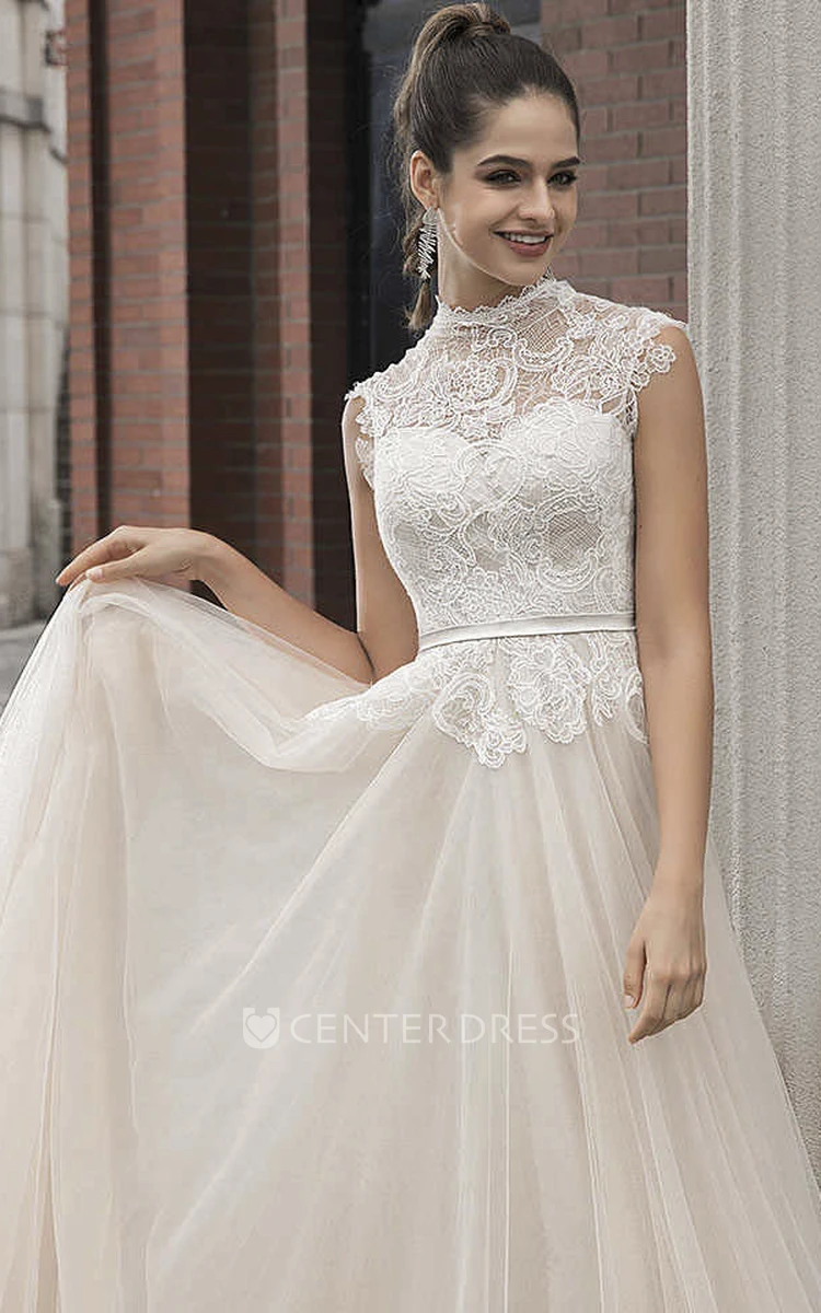 Button Back Vintage Lace Tulle High Neck Cap Sleeve Bridal Gown