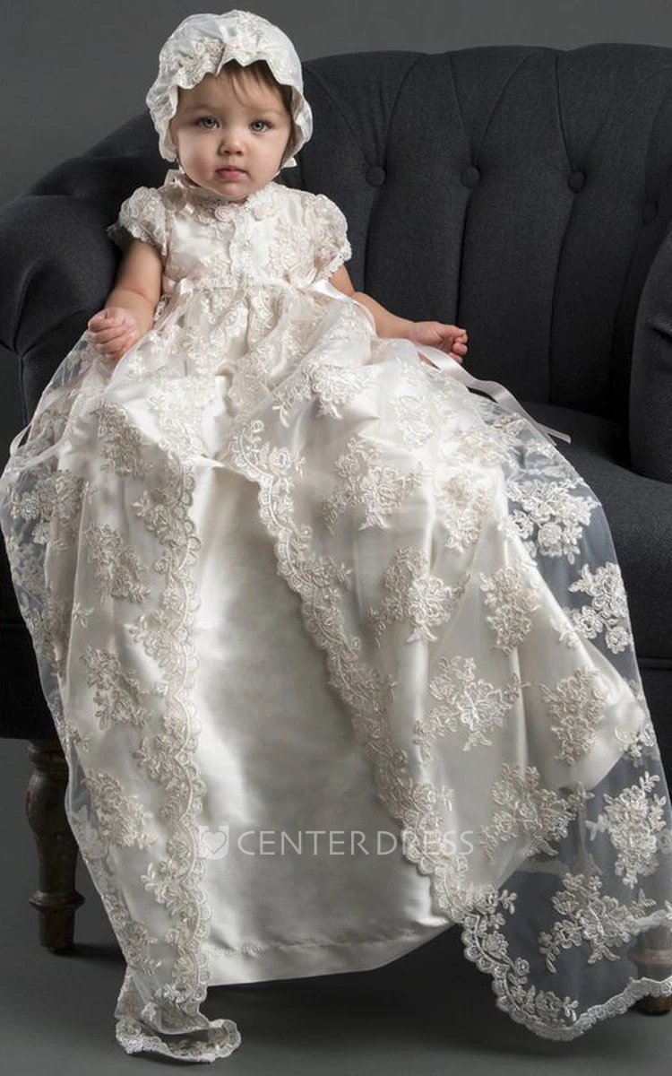 Delicate Lace Christening Gown With Appliques And Ribbons