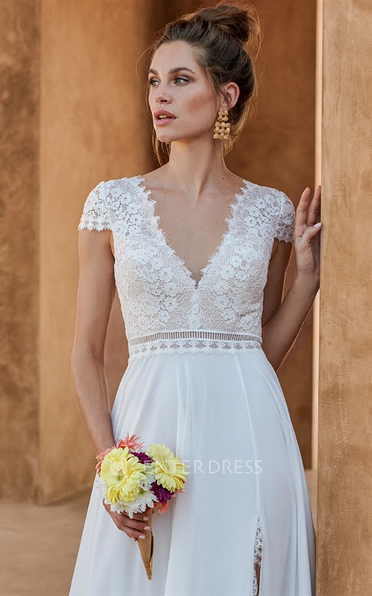 Ethereal A-Line V-neck Lace Chiffon Wedding Dress with Split Front