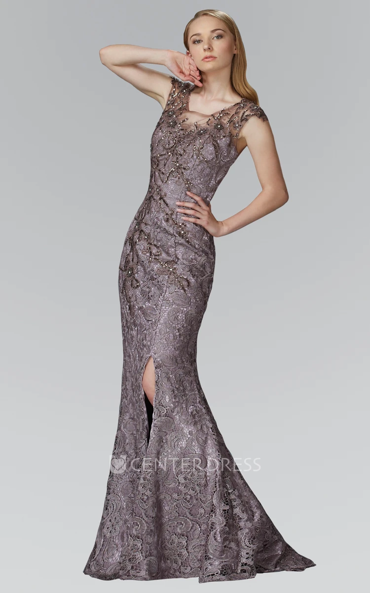 Trumpet V-Neck Sleeveless Lace Dress With Split Front And Beading
